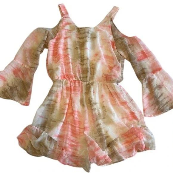 NWT‎ Andree by Unit Tie Dye Romper Cold Shoulder Bell Sleeve Ruffle Hem Sz Lg - Picture 16 of 16